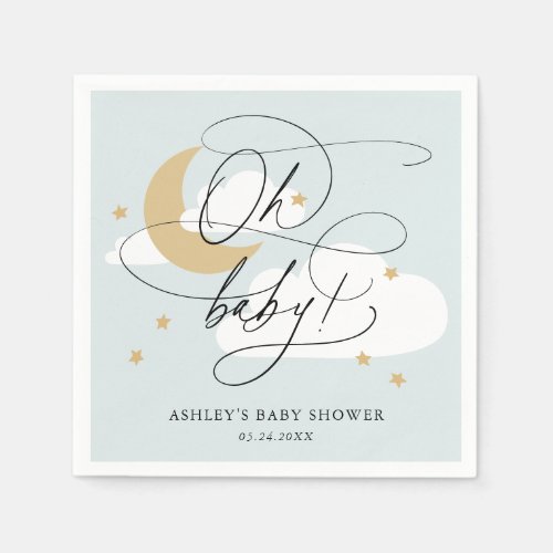 Blue Moon and Stars Script Oh Baby Shower Napkins