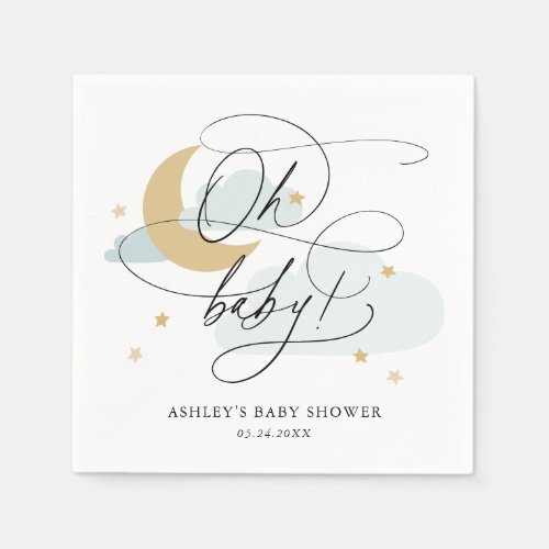Blue Moon and Stars Script Oh Baby Shower Napkins