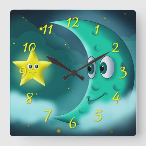 Blue Moon and Yellow Star Square Wall Clock