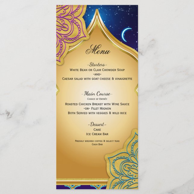 Blue Moon Arabian Nights Glam Gold Purple Menu (Front)