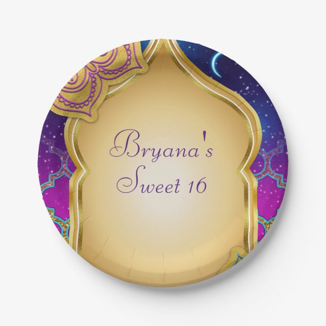 Blue Moon Arabian Nights Glam Gold Purple Party Paper Plates (Front)