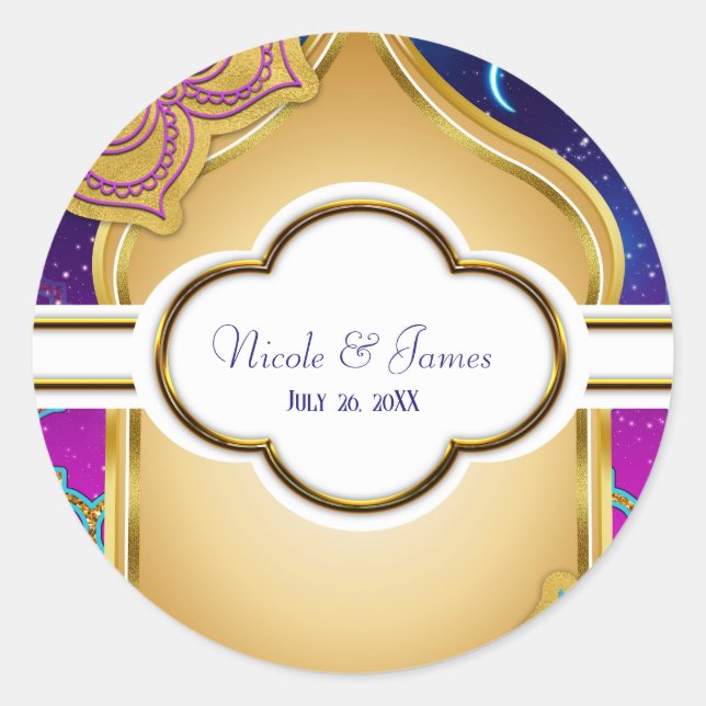 Blue Moon Arabian Nights Glam Gold Purple Wedding Classic Round Sticker (Front)