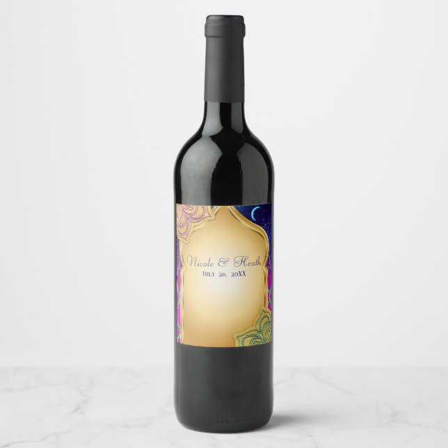 Blue Moon Arabian Nights Glam Gold Purple Wedding Wine Label (Front)