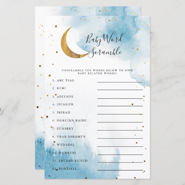 Blue Moon Baby Shower Word Scramble Game (Front/Back)