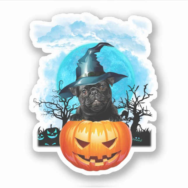 Blue Moon Black Pug Witch Pumpkin Halloween Sticker (Front)