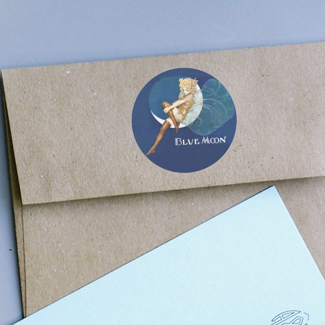 Blue Moon Fairy Stickers (Pretty blond fairy on blue moon in silk stockings on round dark blue sticker.)