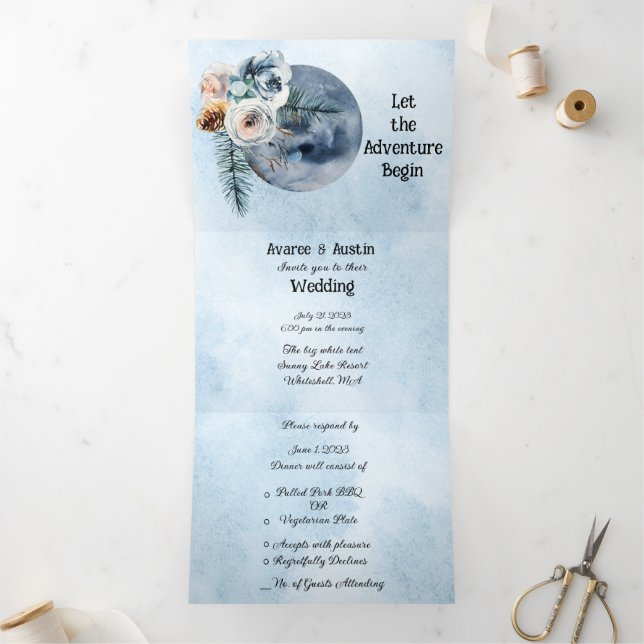 Blue Moon Floral Wedding Tri-Fold Invitation (Inside)
