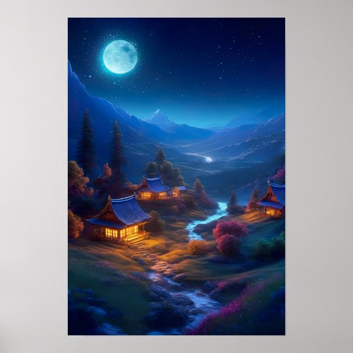 Blue Moon Illuminates the Mountain Village Poster