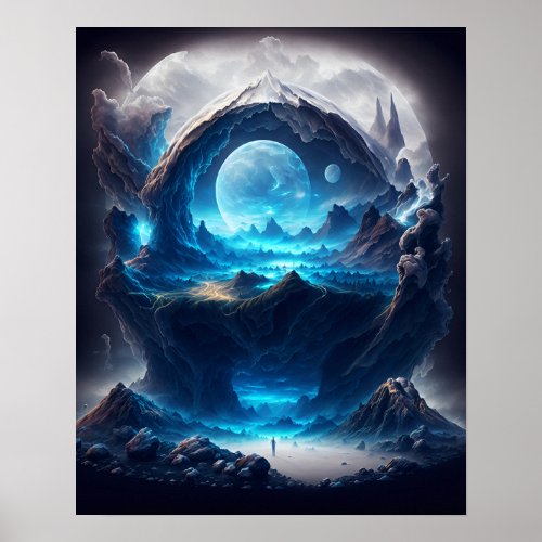 Blue Moon Over A Magical Landscape Poster