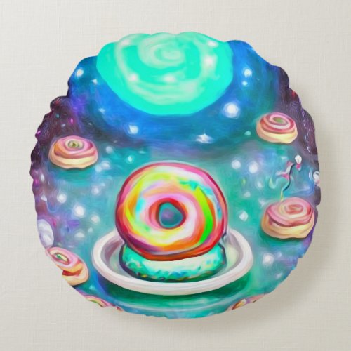 Blue Moon Over Donut River Round Pillow