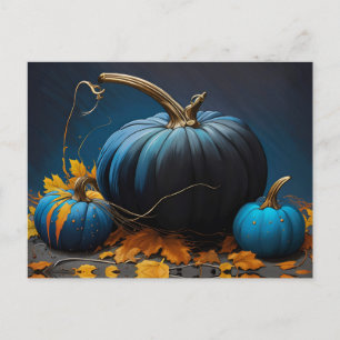 Blue Moon Pumpkins and Autumn Leaves Holiday Postcard