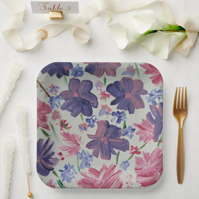 Blue Moon Rose Floral, 9" Square Paper Plates (Wedding)