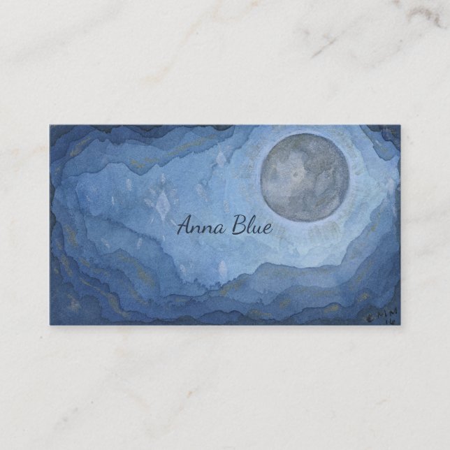 Blue Moon Space Watercolor Universe Full-moon Business Card (Front)