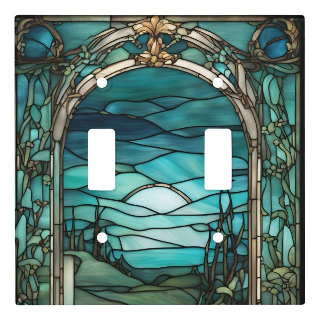 Blue Moon Stained Glass Double Toggle Light Switch Cover (Front)