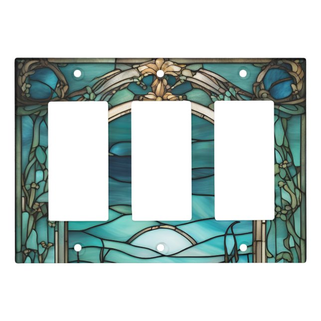 Blue Moon Stained Glass Triple Rocker Light Switch Cover (Front)
