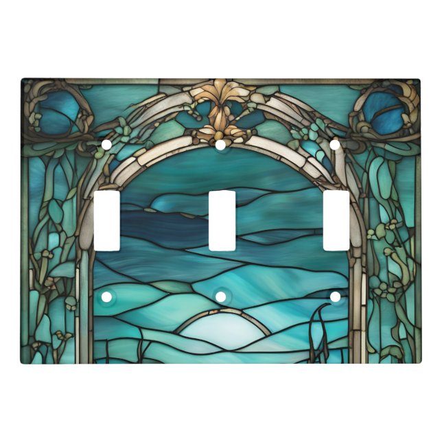 Blue Moon Stained Glass Triple Toggle Light Switch (Front)