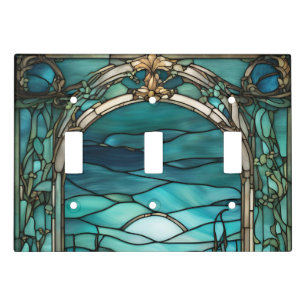 Blue Moon Stained Glass Triple Toggle Light Switch Cover