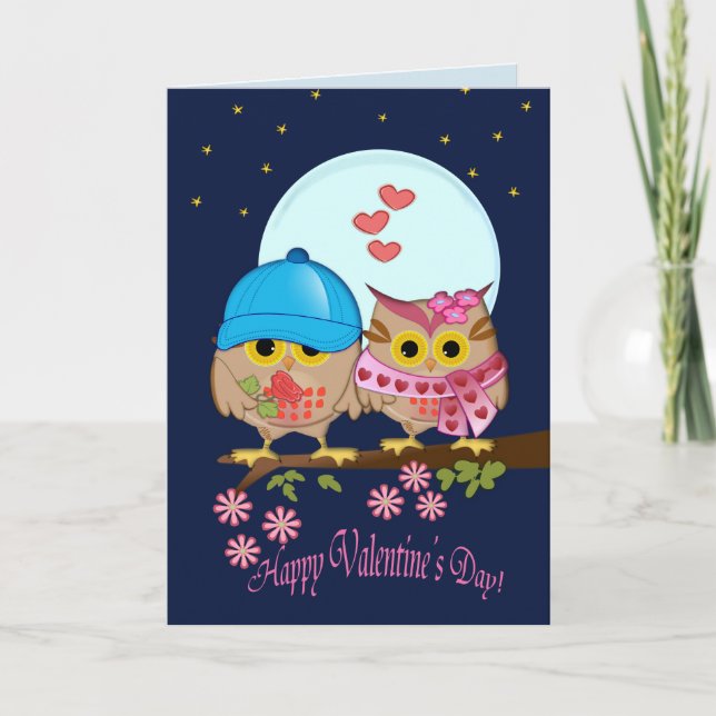 Blue moon Valentine owls & custom text Holiday Card (Front)