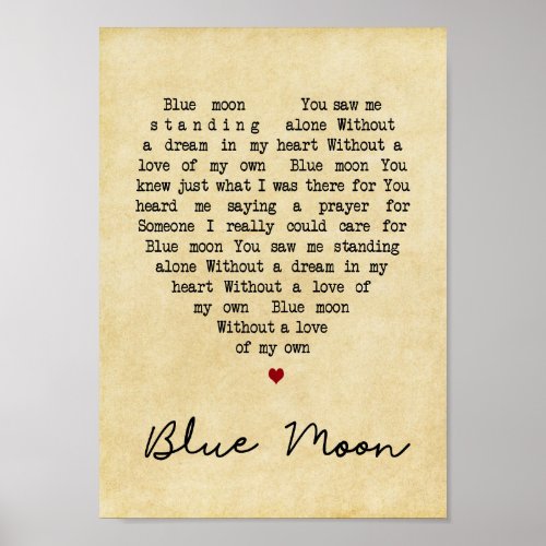 Blue Moon Vintage Heart Song Lyric Wall Art Print