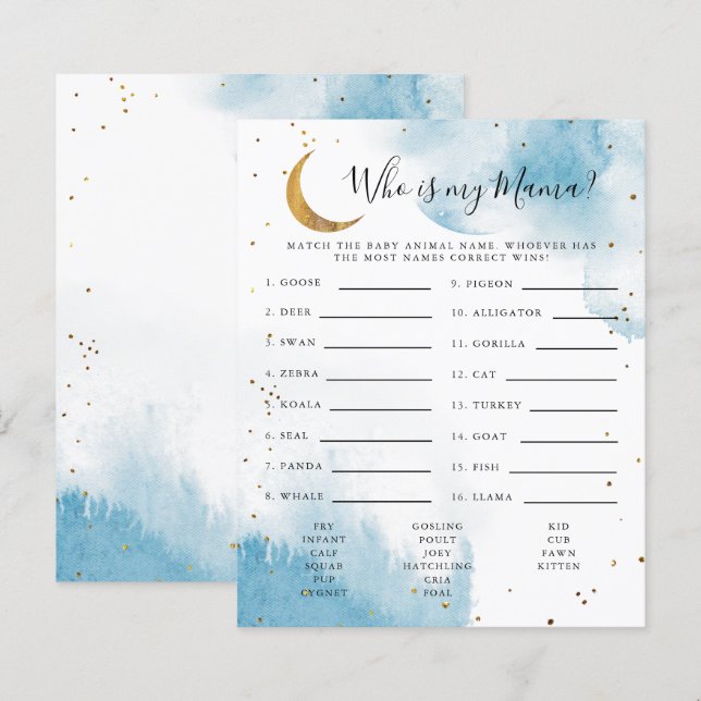 Blue Moon Who Is My Mama Baby Shower Game (Front/Back)