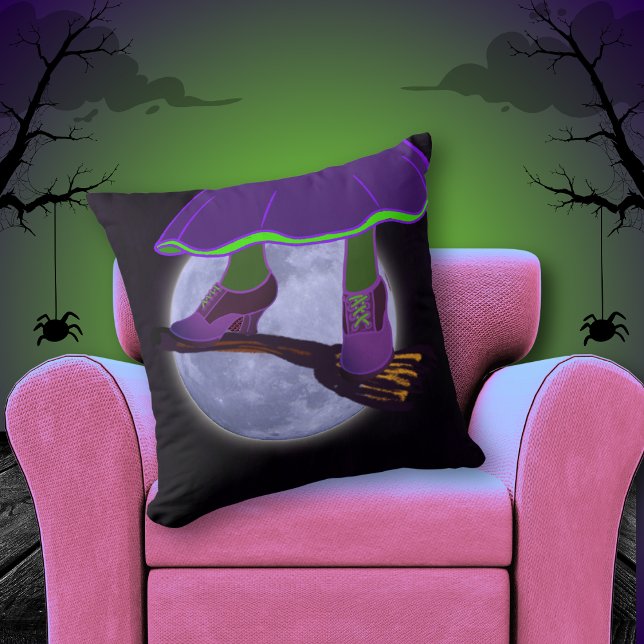 Blue Moon Witch Flying | Skateboarding Broom Throw Pillow (Creator Uploaded)