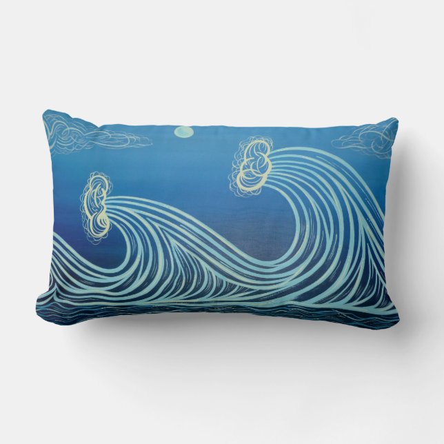 Blue Moonlight Waves Cotton Pillow (Front)