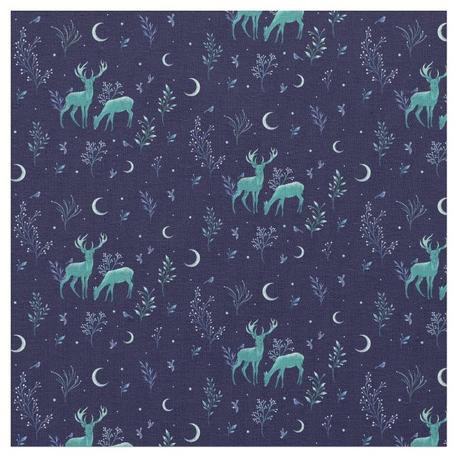 Blue Moonlit Deer Fabric (Close Up)