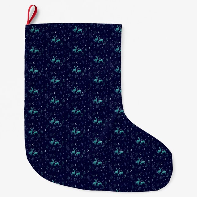 Blue Moonlit Deer Large Christmas Stocking (Front)
