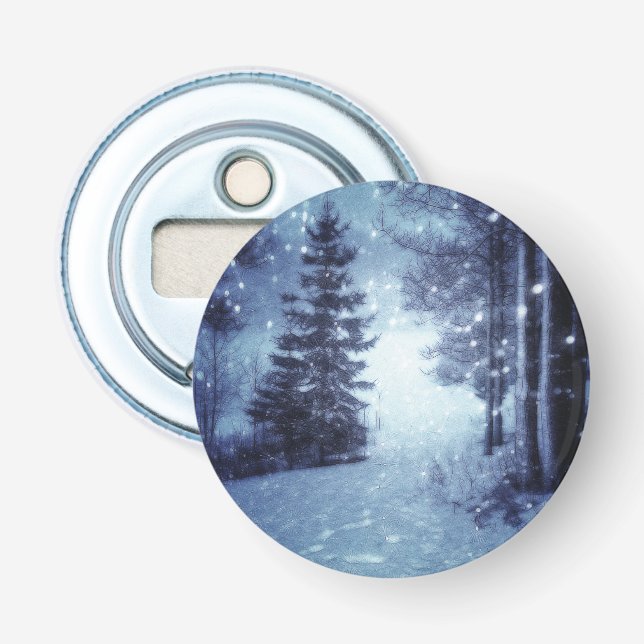 Blue Moonlit Magical Forest Winter Scene Bottle Opener (Front)