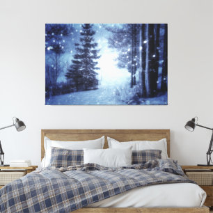 Blue Moonlit Magical Forest Winter Scene Canvas Print
