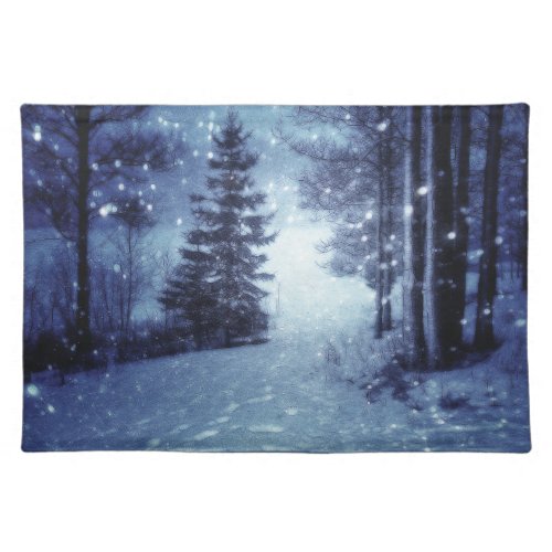 Blue Moonlit Magical Forest Winter Scene Cloth Placemat