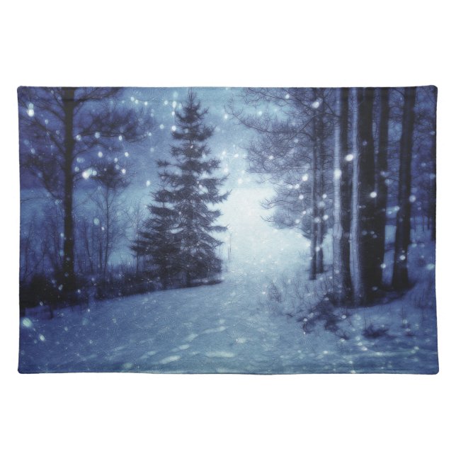 Blue Moonlit Magical Forest Winter Scene Cloth Placemat (Front)