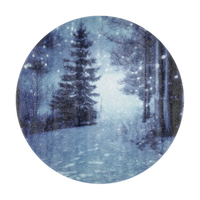 Blue Moonlit Magical Forest Winter Scene Cutting Board (Front)