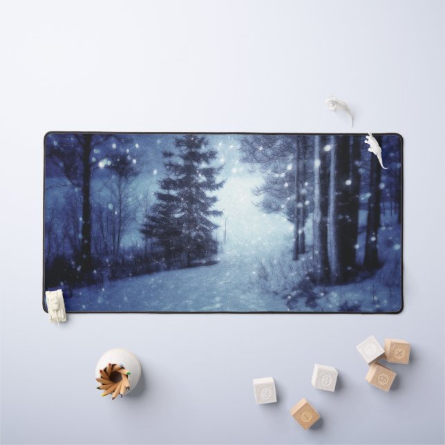 Blue Moonlit Magical Forest Winter Scene Desk Mat (Kids Table)