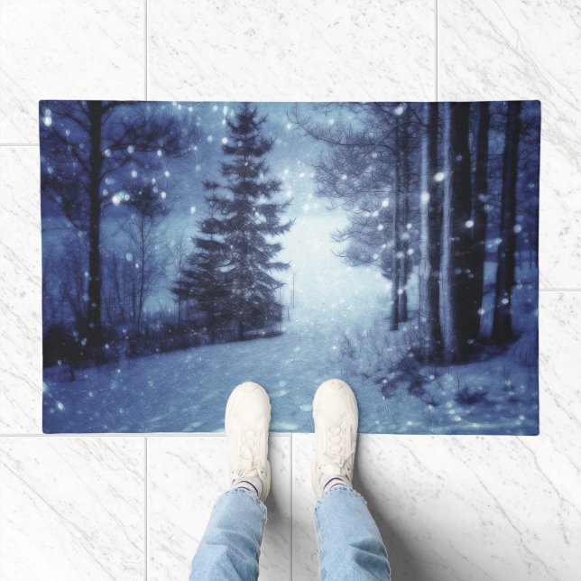 Blue Moonlit Magical Forest Winter Scene Doormat (Indoor)