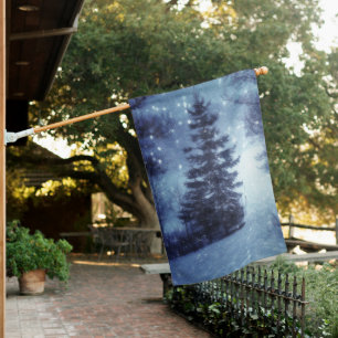 Blue Moonlit Magical Forest Winter Scene House Flag