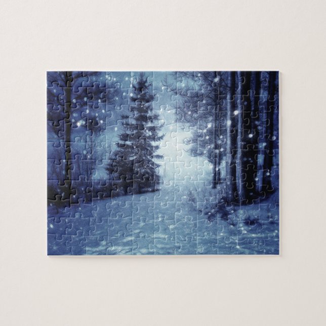 Blue Moonlit Magical Forest Winter Scene Jigsaw Puzzle (Horizontal)