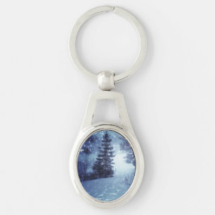 Blue Moonlit Magical Forest Winter Scene Keychain