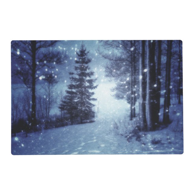 Blue Moonlit Magical Forest Winter Scene Placemat (Front)