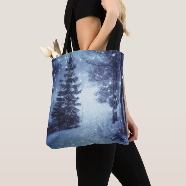 Blue Moonlit Magical Forest Winter Scene Tote Bag (Close Up)
