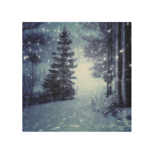 Blue Moonlit Magical Forest Winter Scene Wood Wall Art