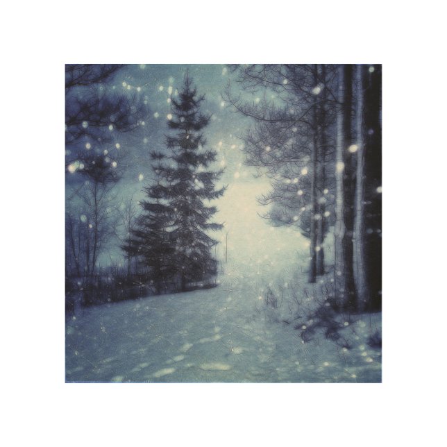 Blue Moonlit Magical Forest Winter Scene Wood Wall Art (Front)