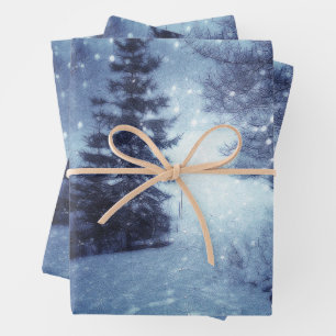 Blue Moonlit Magical Forest Winter Scene Wrapping Paper Sheets