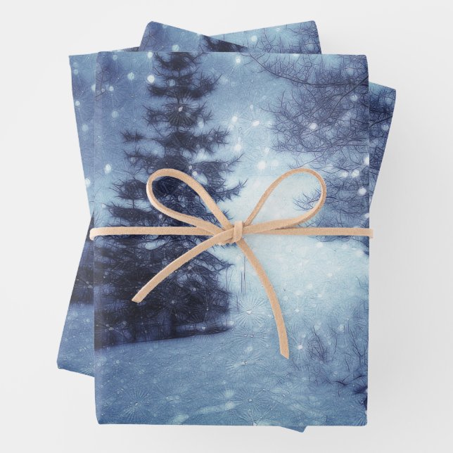 Blue Moonlit Magical Forest Winter Scene Wrapping Paper Sheets (In situ)