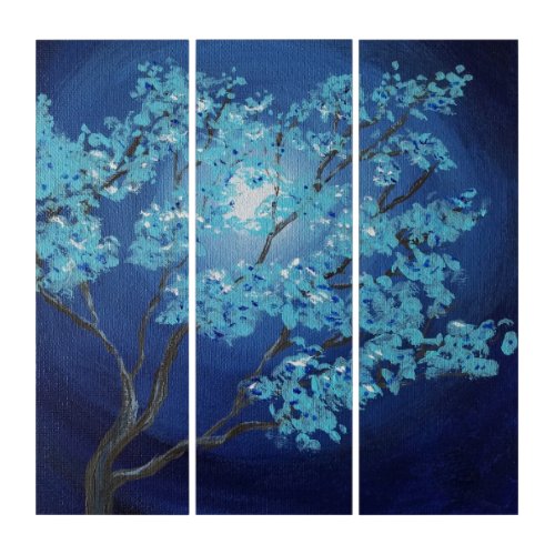 Blue Moonlit Night Turquoise Fantasy Tree Triptych