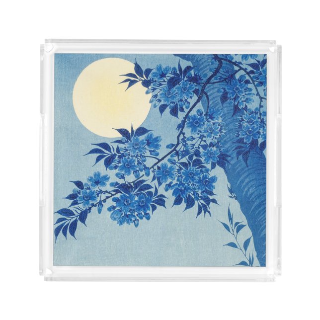 Blue Moonlit Tree: Japanese Cherry Blossom Night Acrylic Tray (Front)