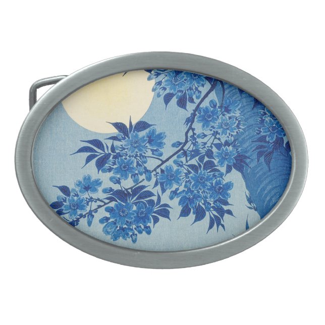 Blue Moonlit Tree: Japanese Cherry Blossom Night Belt Buckle (Front)