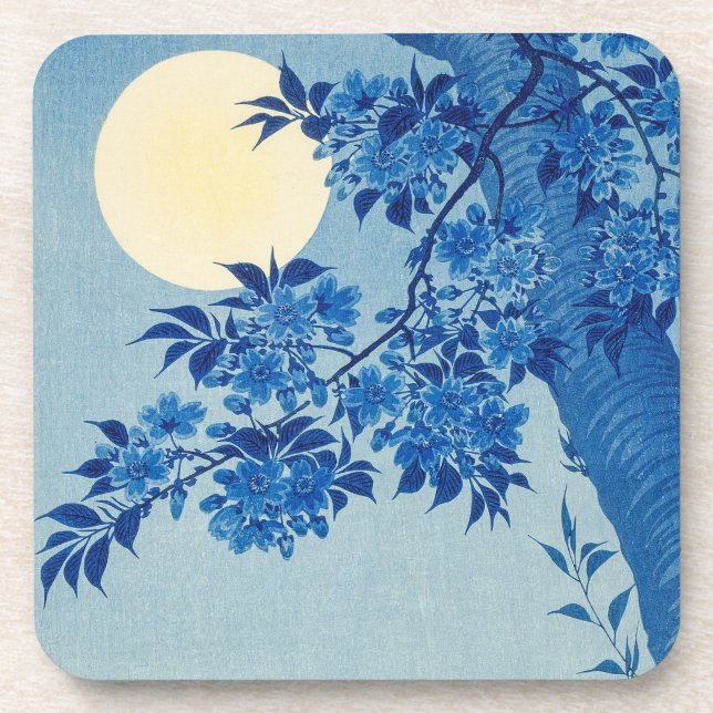 Blue Moonlit Tree: Japanese Cherry Blossom Night Beverage Coaster (Front)