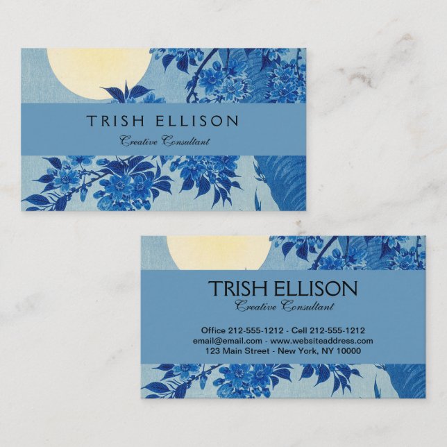 Blue Moonlit Tree: Japanese Cherry Blossom Night Business Card (Front/Back)
