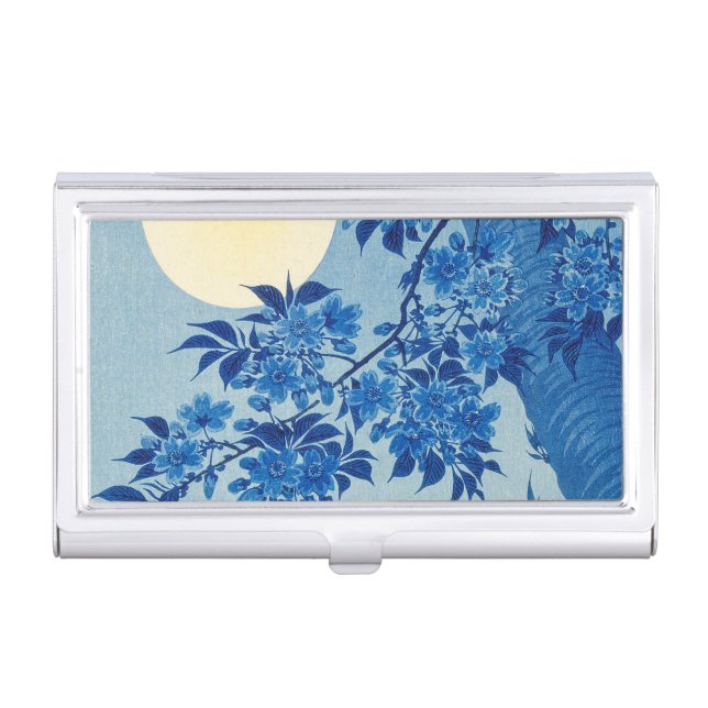Blue Moonlit Tree: Japanese Cherry Blossom Night Business Card Case (Front)